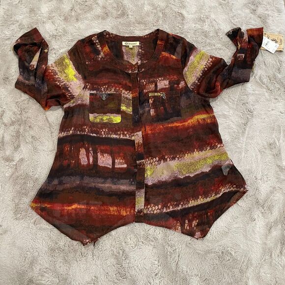 NWT Democracy Women Button-Front Asymmetric Blouse Abstract Print Size2X Career - Picture 3 of 16